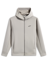Alpinestars Cypher Hoodie, full-zip double face fleece hoodie, Cement gray, featuring a black Astars chest logo, high neck mesh-lined hood with Alpinestars word logo, on-seam pockets, casual sportswear design
