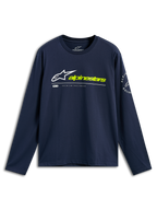 Alpinestars Mandatory CSF Tee, Long Sleeve T-Shirt, Navy Blue, White Astars Logo and Neon Yellow Alpinestars Text on Front, Circular Logo on Sleeve, Casual Motorsport Sportswear