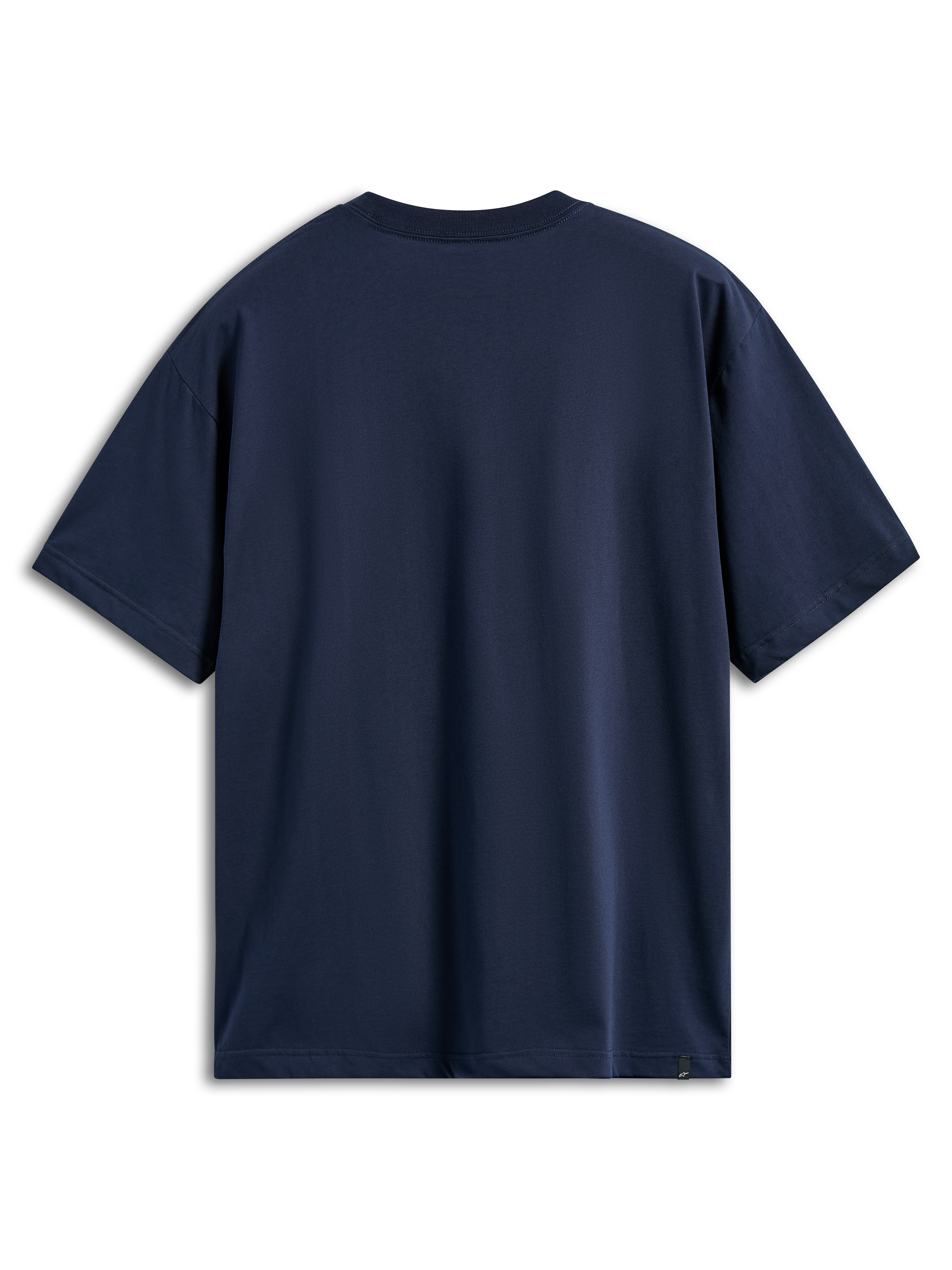 Alpinestars Aplomb Oversized CSF Tee, Short Sleeve T-Shirt, Navy, back view, relaxed oversized fit, plain design with a small logo tag at the bottom hem, casual sportswear