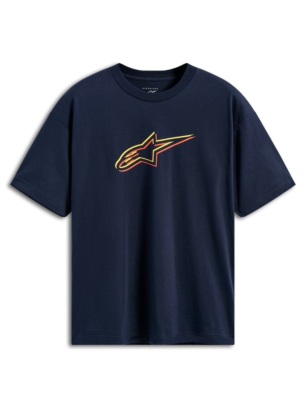 Alpinestars Alter Oversized CSF Tee, Short Sleeve T-Shirt, Navy Blue, Astars Logo with yellow, orange, and red color-offset outlines, casual motorsport streetwear