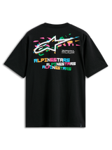 Alpinestars Wild Oversized CSF Tee, Short Sleeve T-Shirt, Black, back view featuring vibrant multi-color Astars logo and stacked block Alpinestars lettering, casual streetwear
