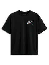 Alpinestars Wild Oversized CSF Tee, Short Sleeve T-Shirt, Black, featuring a small vibrant multi-colored Alpinestars logo on the chest, oversized fit, casual streetwear
