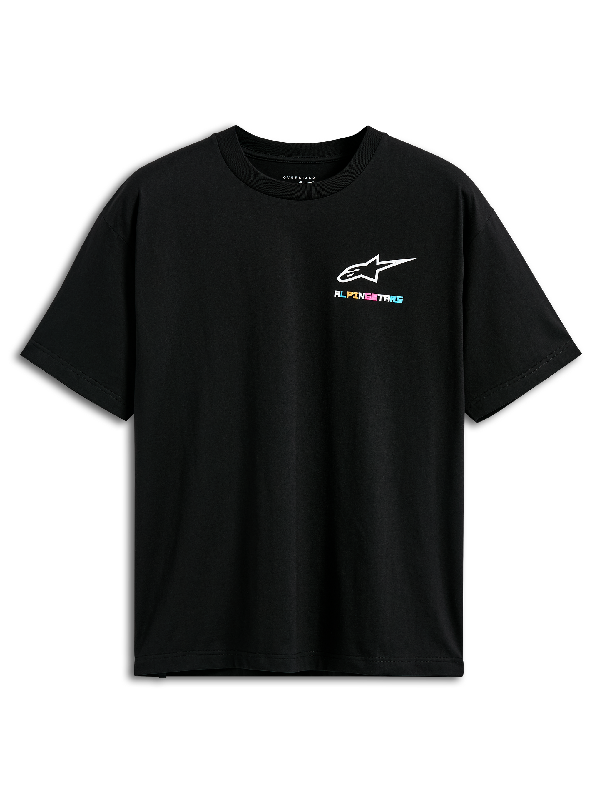 Alpinestars Wild Oversized CSF Tee, Short Sleeve T-Shirt, Black, featuring a small vibrant multi-colored Alpinestars logo on the chest, oversized fit, casual streetwear