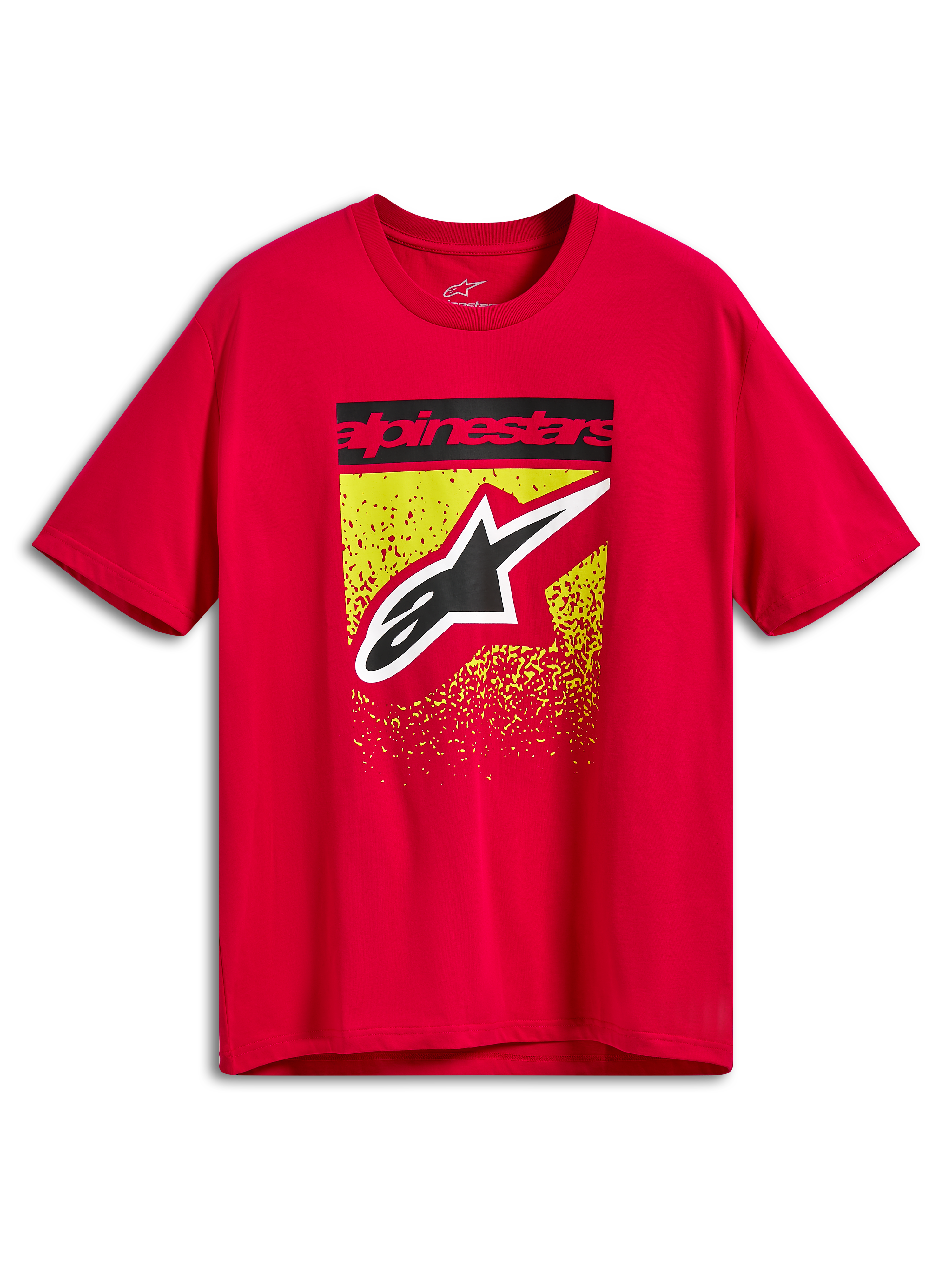 Alpinestars Noka CSF Tee, Short Sleeve T-Shirt, Red, Front Graphic with Black Alpinestars Text Bar and Large Astars Logo over Yellow and Red MX Gradation Splatter, Casual Motorsport Sportswear