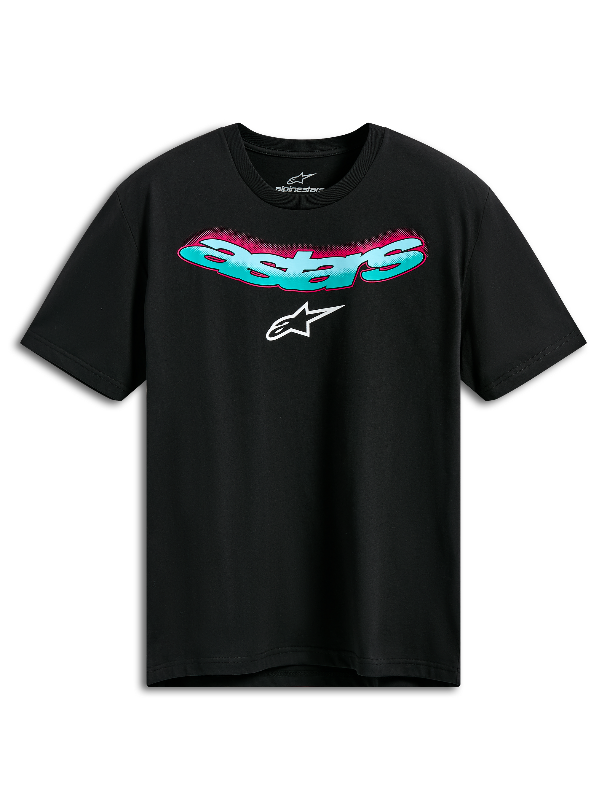 Alpinestars Ellipsoid CSF Tee, Short Sleeve T-Shirt, Black, curved teal Astars wordmark with pink gradient and white logo, Casual Motorsport Sportswear