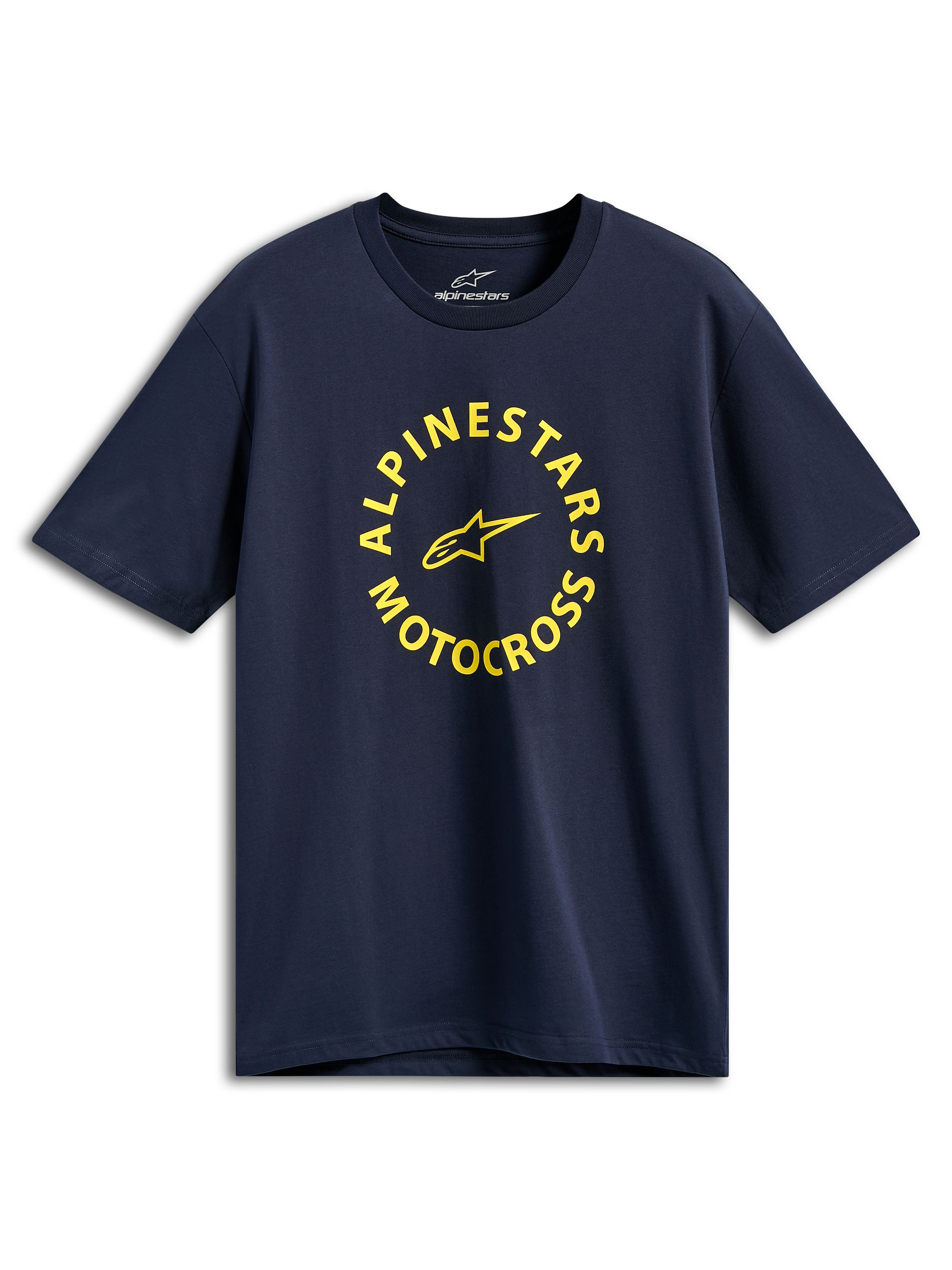 Alpinestars MX CSF Tee, Short Sleeve T-Shirt, Navy Blue, Yellow Alpinestars Motocross circular graphic, Casual Motorsport Streetwear