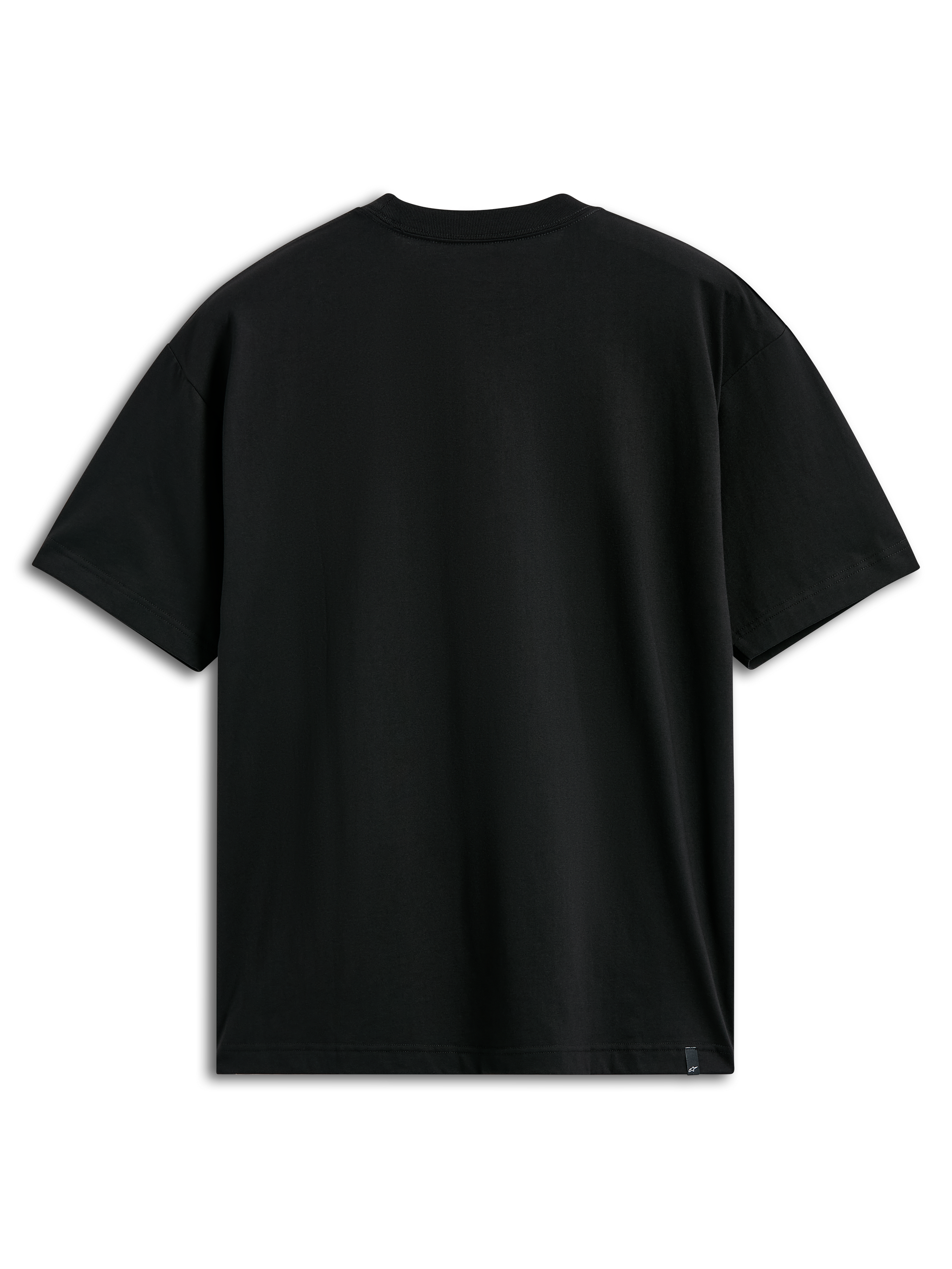 Alpinestars Plate CSF Tee, Short Sleeve T-Shirt, Black, Back View, Plain Design with Small External Label at Hem, Casual Motorsport Sportswear