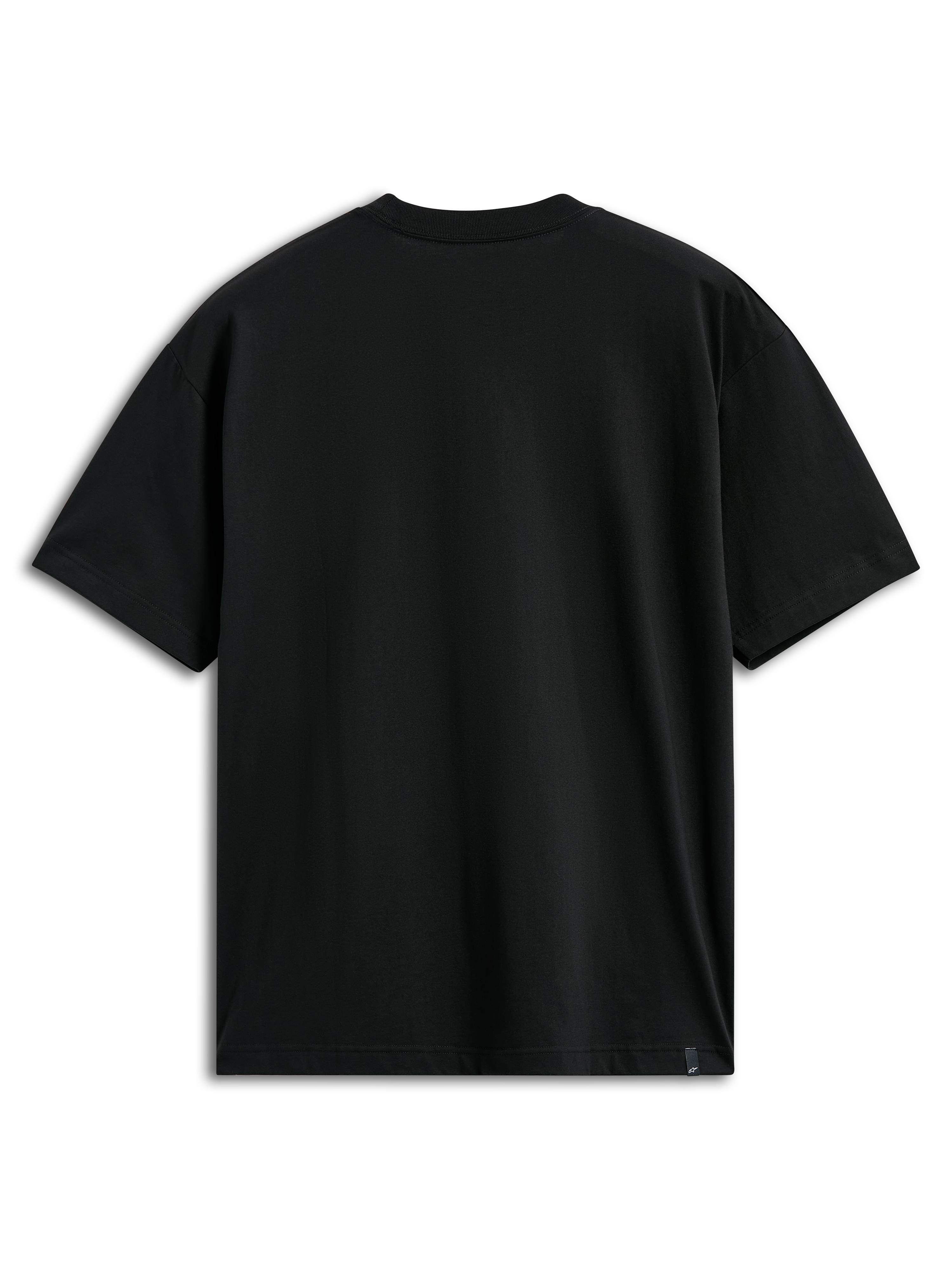 Alpinestars Plate CSF Tee, Short Sleeve T-Shirt, Black, Back View, Plain Design with Small External Label at Hem, Casual Motorsport Sportswear
