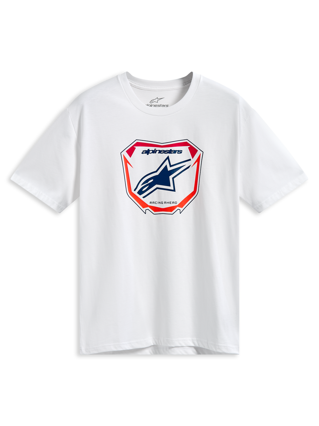 Alpinestars Plate CSF Tee, Short Sleeve T-Shirt, White, Central MX Plate Graphic with Blue Astars Logo and Red and Orange Accents, Casual Motorsport Streetwear