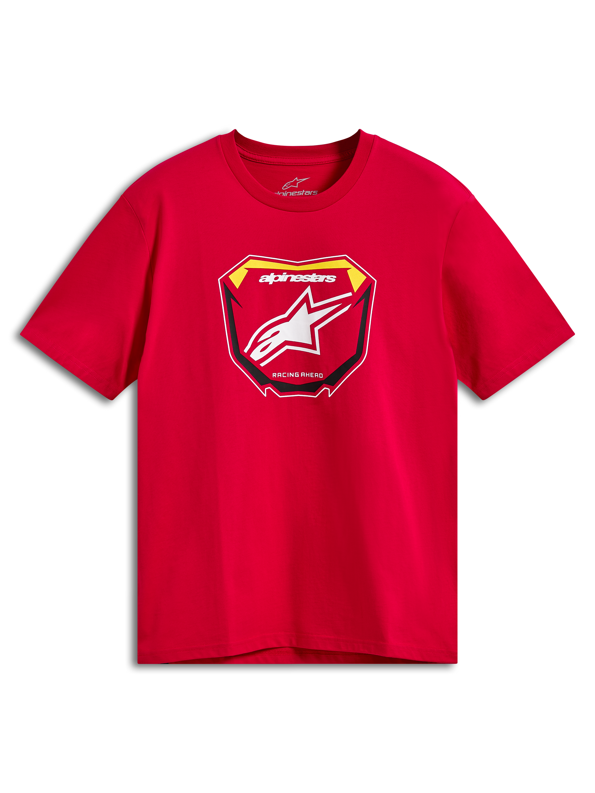 Alpinestars Plate CSF Tee, Short Sleeve T-Shirt, Red, Front MX Plate Graphic with White Astars Logo and Racing Ahead Text, Casual Motorsport Sportswear