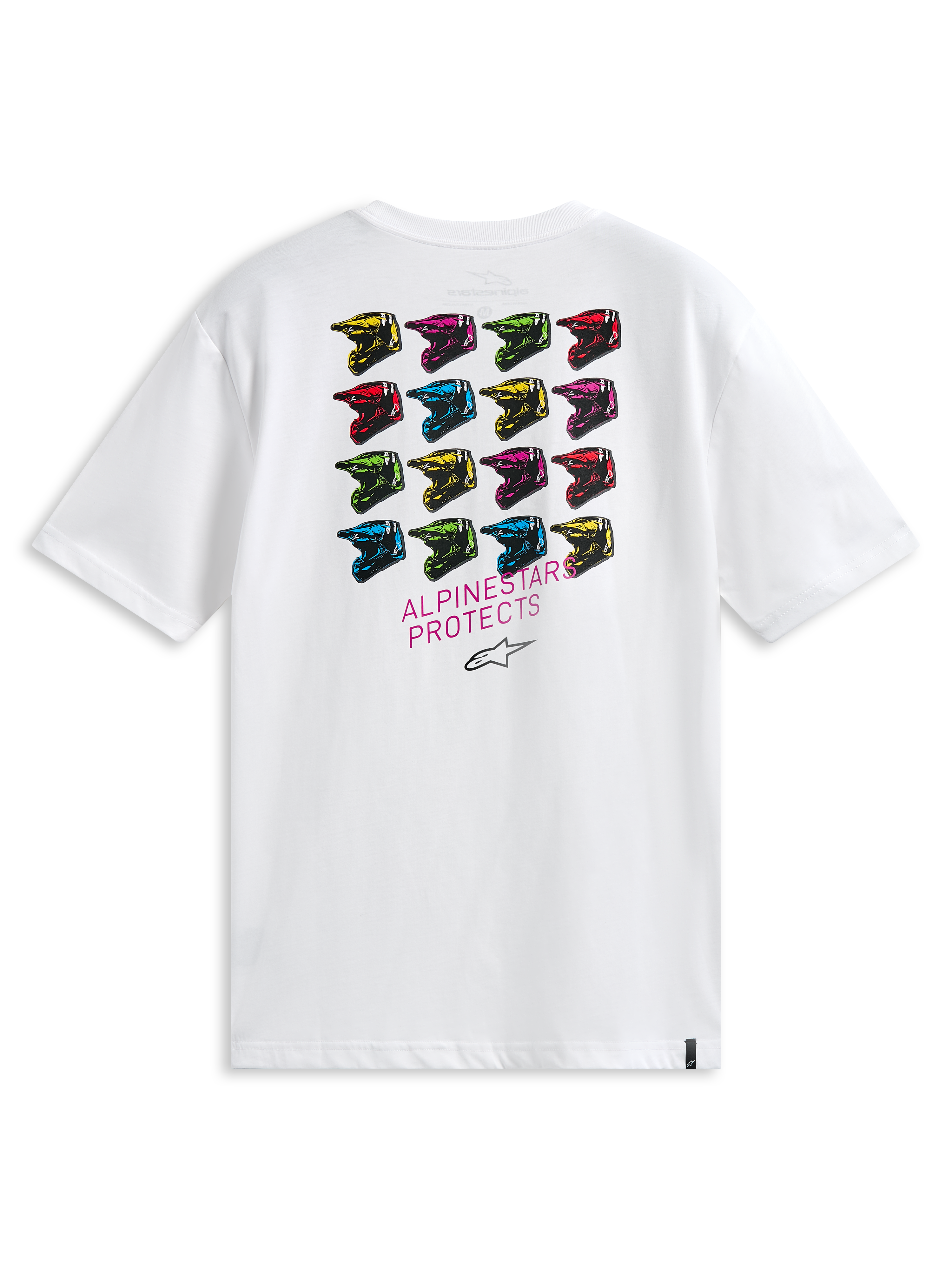 Alpinestars Pop Helmet CSF Tee, Short Sleeve T-Shirt, White, back view featuring a grid of multi-colored M10 helmets and ALPINESTARS PROTECTS text, casual motorsport-inspired streetwear