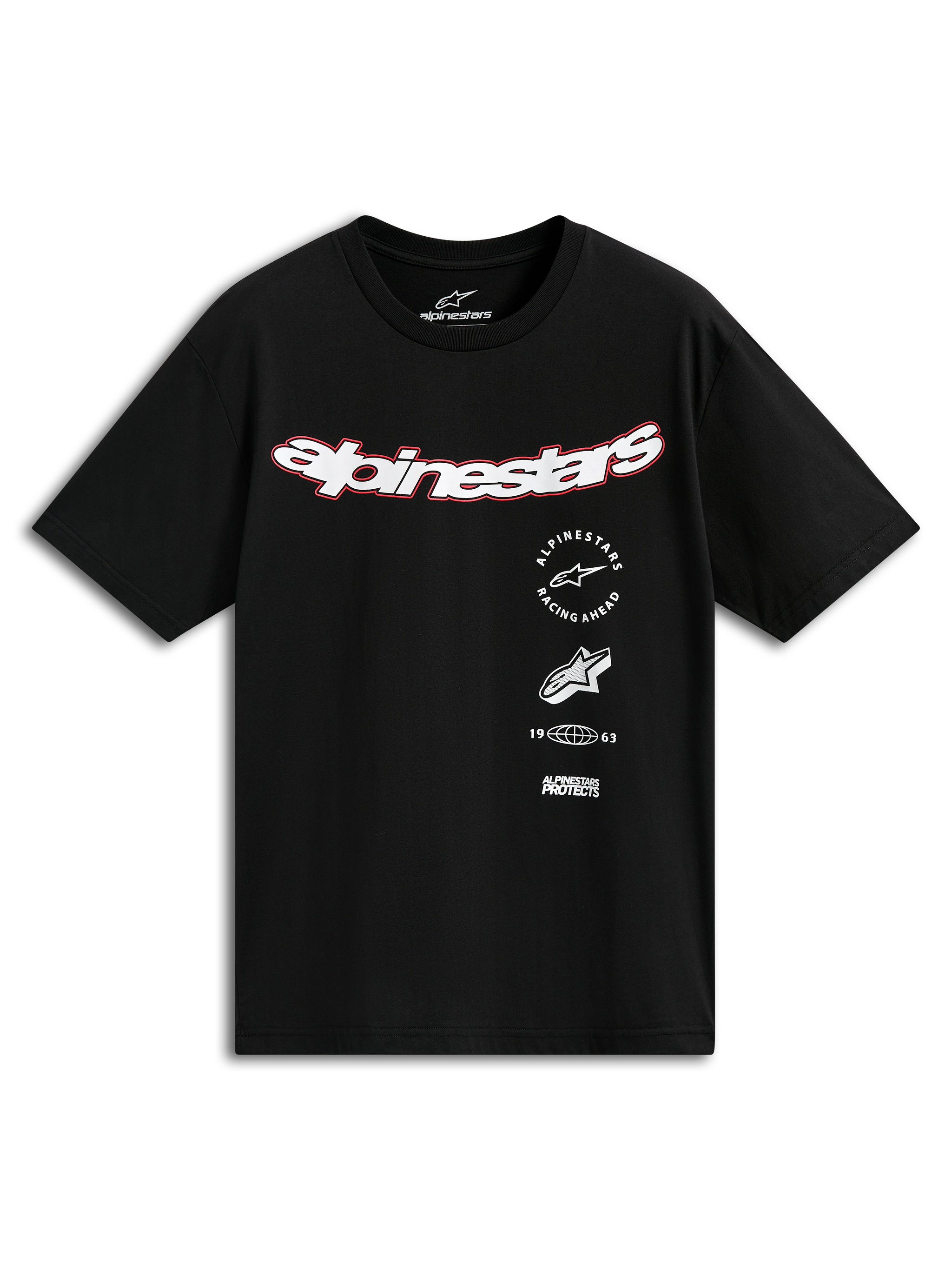 Alpinestars Abus CSF Tee, Short Sleeve T-Shirt, Black, Curved White Alpinestars Logo with Red Outline, Multi-Stacked Graphics including Racing Ahead and 1963, Casual Motorsport Streetwear