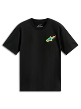 Alpinestars Angler CSF Tee, Short Sleeve T-Shirt, Black, Vibrant Multi-Color Astars Logo with Blue Star and Yellow Border on chest, Casual Motorsport Streetwear