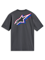 Alpinestars Angler CSF Tee, Short Sleeve T-Shirt, Charcoal Gray, Back view featuring large multi-color Astars logo with perforated fill, blue and pink accents and 'Racing Ahead' text, casual motorsport streetwear