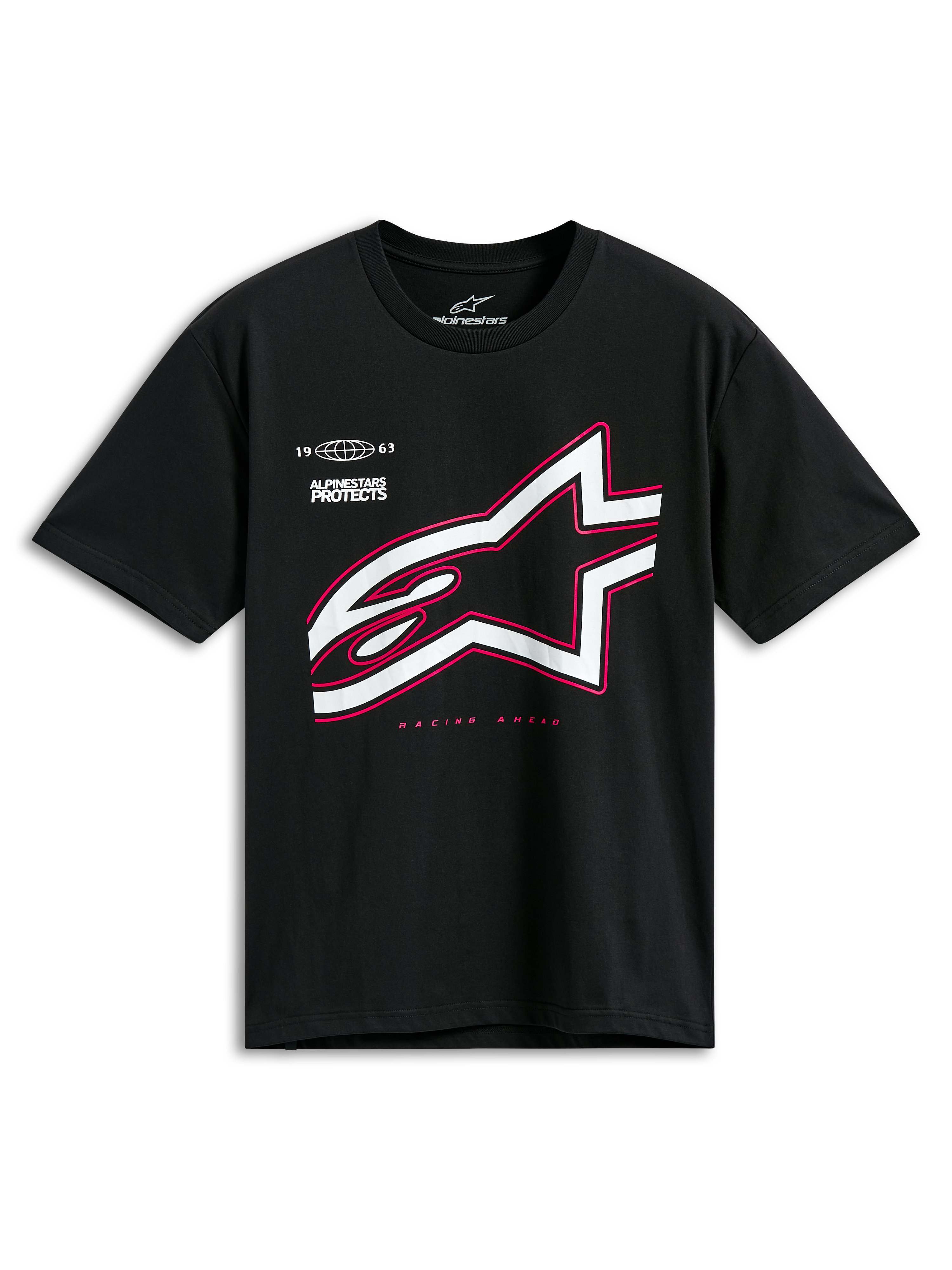 Alpinestars Authority CSF Tee, Short Sleeve T-Shirt, Black, large white Astars logo with pink outline, featuring 'Alpinestars Protects' and 'Racing Ahead' text, casual motorsport streetwear