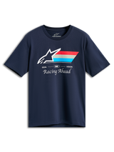 Alpinestars Trifecta CSF Tee, Short Sleeve T-Shirt, Navy Blue, White Astars Logo with Red, Grey, and Cyan Stripes, GOAL ONE VISION and Racing Ahead Text, Casual Motorsport Streetwear