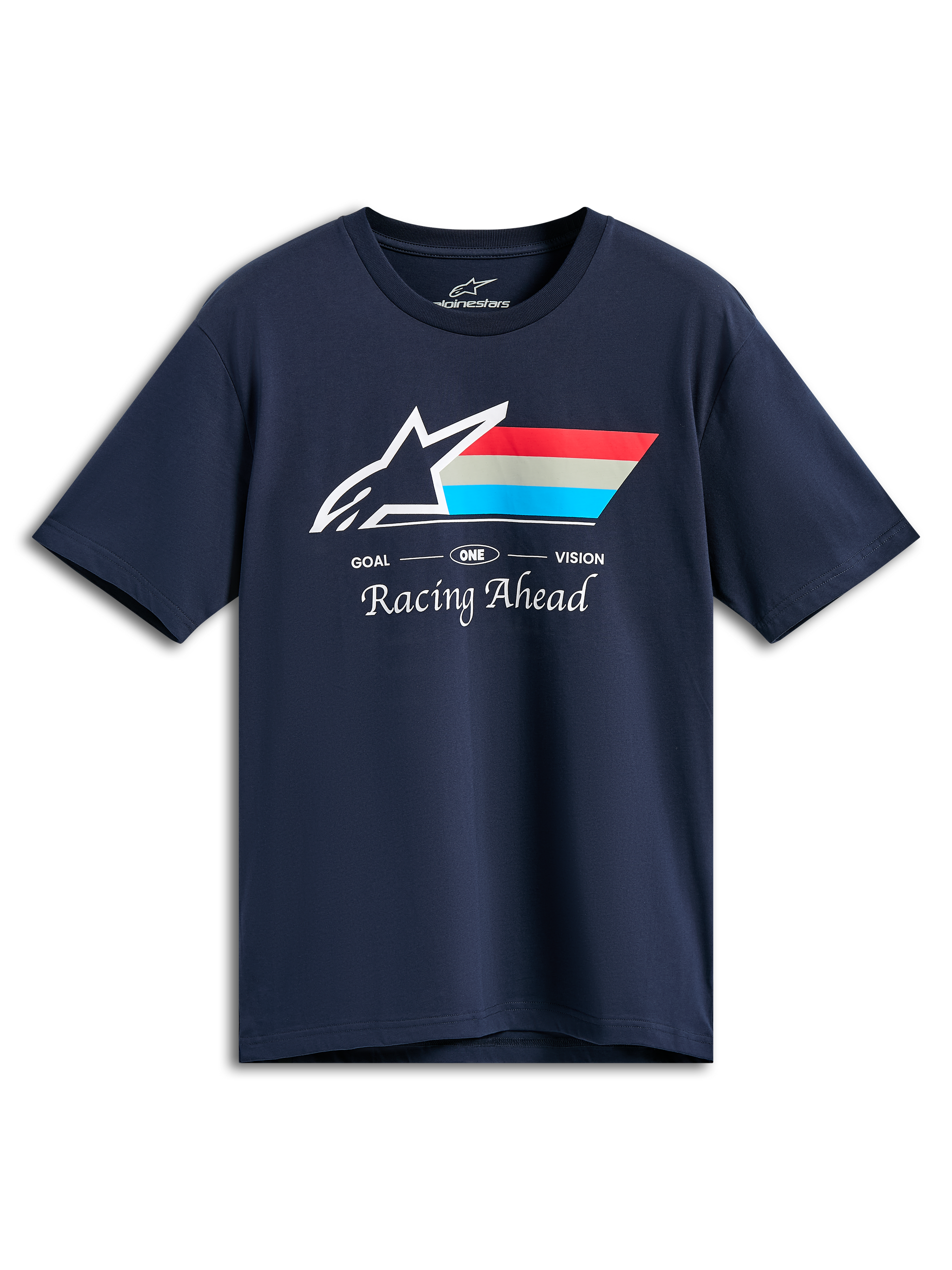 Alpinestars Trifecta CSF Tee, Short Sleeve T-Shirt, Navy Blue, White Astars Logo with Red, Grey, and Cyan Stripes, GOAL ONE VISION and Racing Ahead Text, Casual Motorsport Streetwear