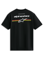 Alpinestars Lanes CSF Tee, Short Sleeve T-Shirt, Black, White Alpinestars and Astars logos with orange and yellow horizontal stripes on the back, Casual Motorsport Streetwear