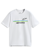 Alpinestars Lanes CSF Tee, Short Sleeve T-Shirt, White, Black Astars and Alpinestars logos with blue and lime green horizontal stripes, Casual Motorsport Sportswear