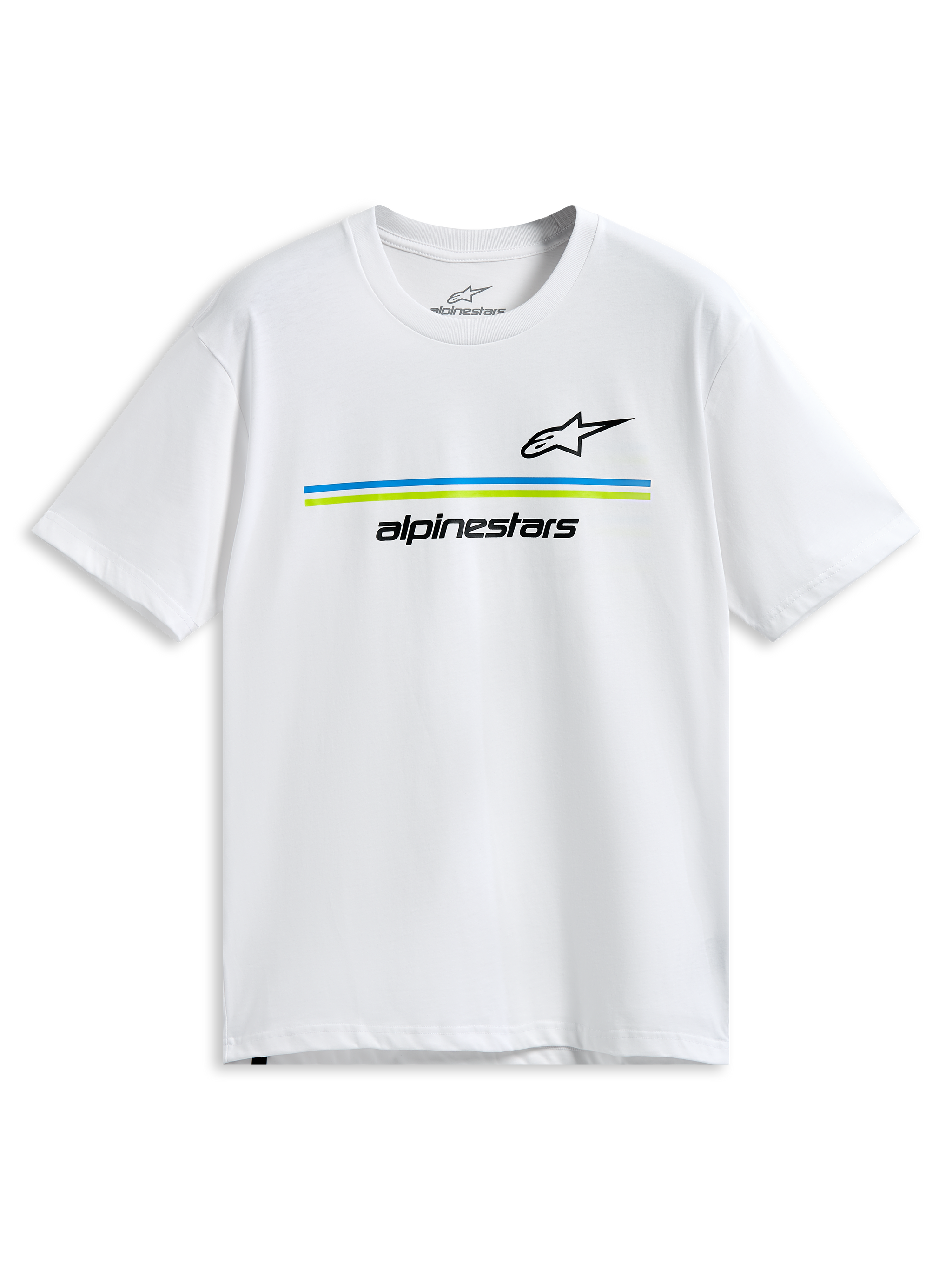 Alpinestars Lanes CSF Tee, Short Sleeve T-Shirt, White, Black Astars and Alpinestars logos with blue and lime green horizontal stripes, Casual Motorsport Sportswear