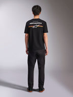 Alpinestars Lanes CSF Tee, Short Sleeve T-Shirt, Black, Back View with White Alpinestars Logo and Red and Yellow Stripes, Casual Motorsport Streetwear