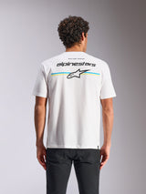 Alpinestars Lanes CSF Tee, Short Sleeve T-Shirt, White, Back view featuring multi-color stripes with Alpinestars and Astars logos, casual motorsport streetwear