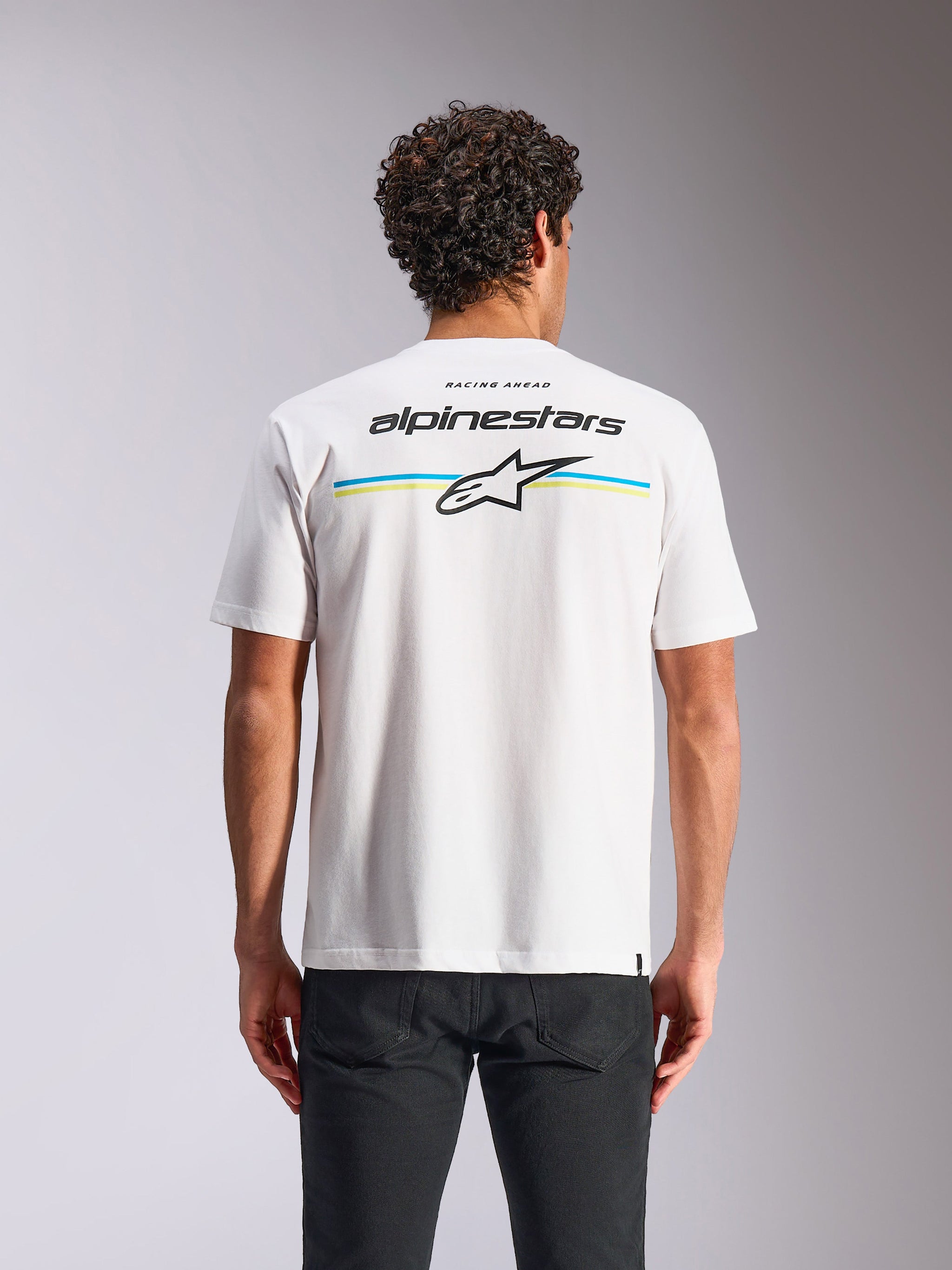 Alpinestars Lanes CSF Tee, Short Sleeve T-Shirt, White, Back view featuring multi-color stripes with Alpinestars and Astars logos, casual motorsport streetwear