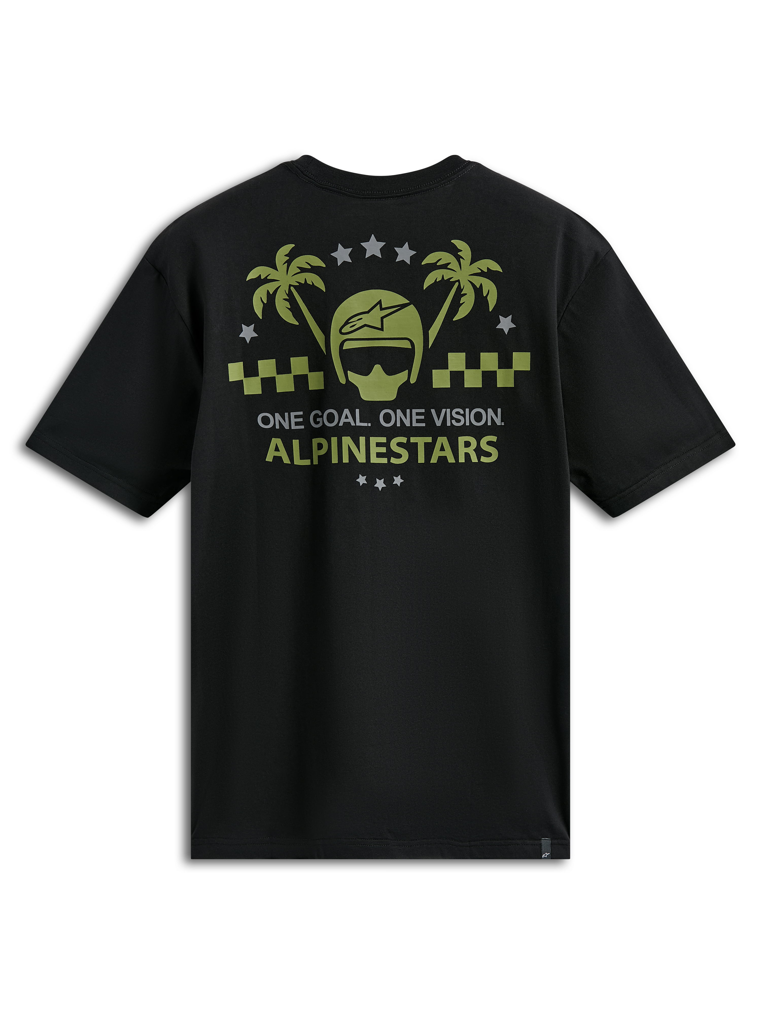 Alpinestars Order CSF Tee, Short Sleeve T-Shirt, Black, Olive Green and Grey Graphic with Helmet and Palm Trees, One Goal One Vision Text, Casual Motorsport Sportswear