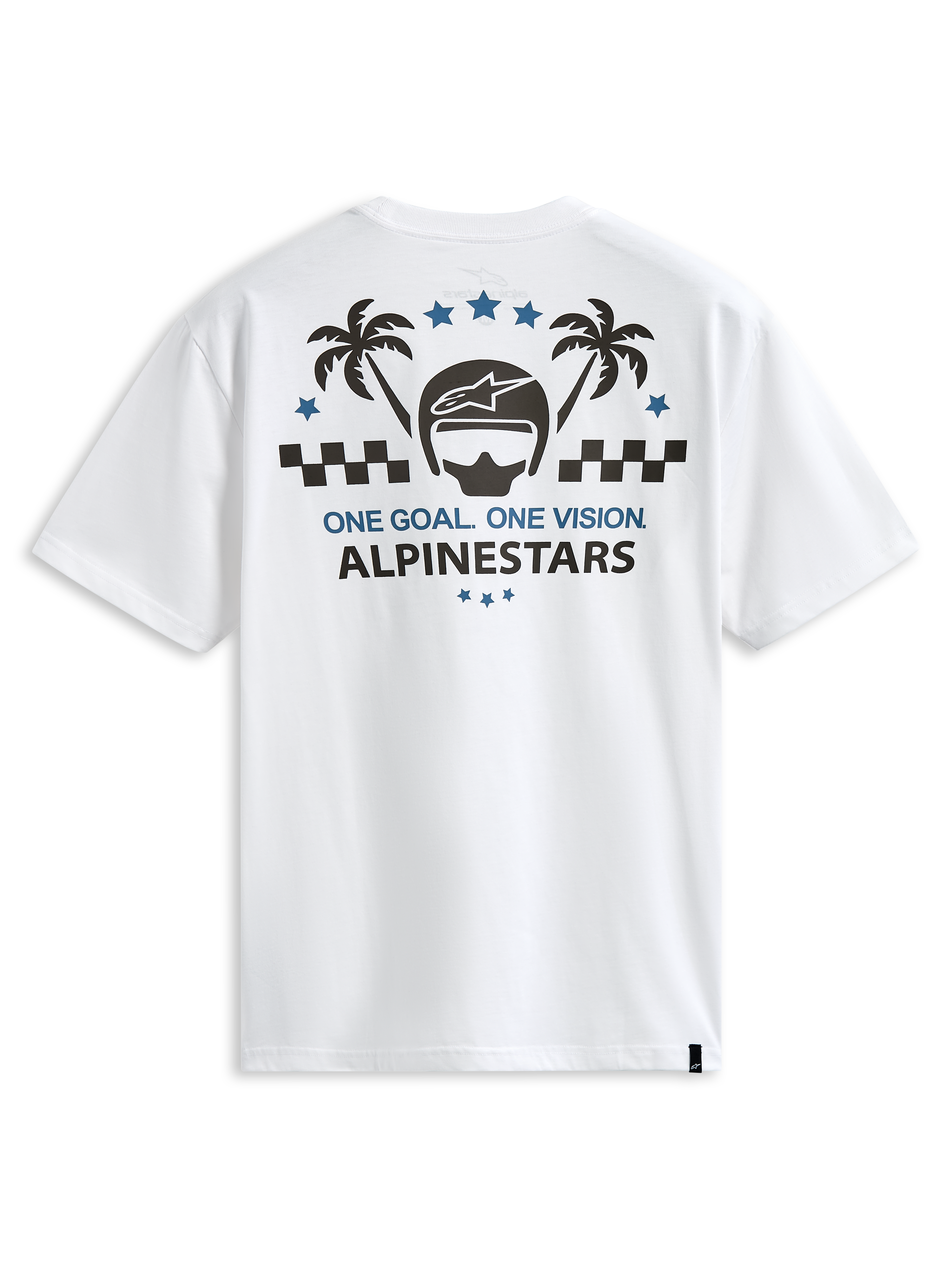 Alpinestars Order CSF Tee, Short Sleeve T-Shirt, White, Back Graphic with Helmet and Palm Trees, One Goal One Vision Text, Casual Motorsport Streetwear