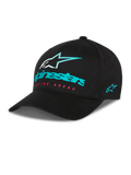 Alpinestars Instinct Hat, Black Baseball Cap with Curved Bill, Teal Alpinestars Logo and Striped Star on Front, Red 'Racing Ahead' Text, Teal Side Logo Embroidery, Casual Motorsport Headwear