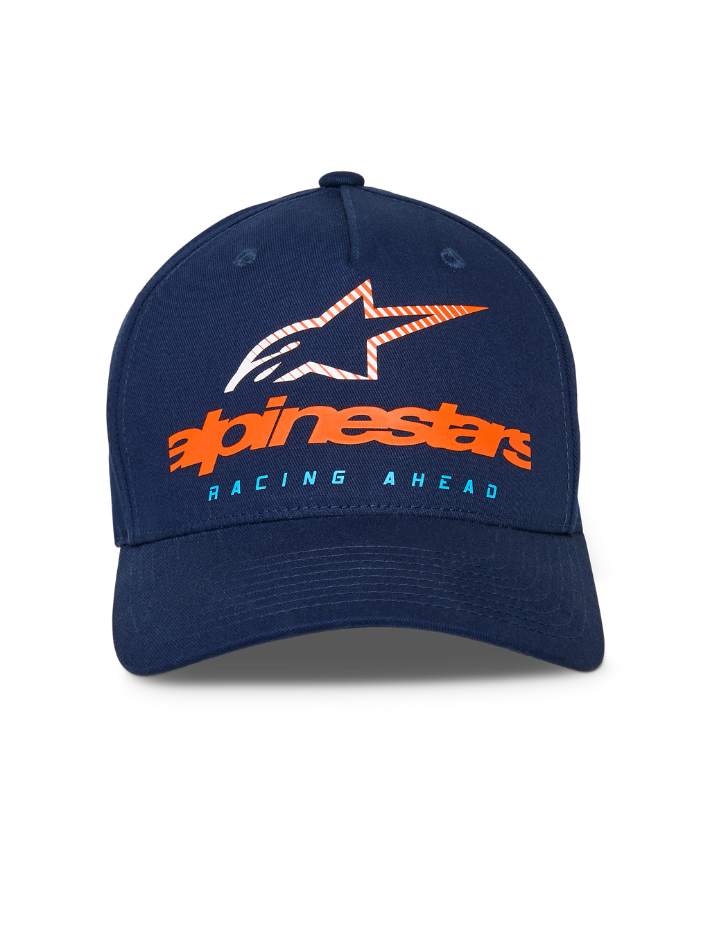 Alpinestars Instinct Hat, Navy Blue baseball cap, curved bill with structured crown, front orange Alpinestars wordmark and striped star logo, light blue "RACING AHEAD" text, casual sportswear