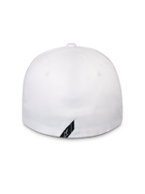 Alpinestars Surpass Hat, White, back view of flex-back baseball cap, structured crown, featuring a small black diagonal Alpinestars logo tag at the bottom edge, casual sportswear