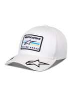 Alpinestars Surpass Hat, White curved bill baseball cap, structured crown, features front embroidered patch with Astars logo and 'RACING AHEAD' text, additional star logo on the bill, casual motorsport-inspired headwear