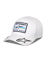 Alpinestars Surpass Hat, White curved bill baseball cap, structured crown, features front embroidered patch with Astars logo and 'RACING AHEAD' text, additional star logo on the bill, casual motorsport-inspired headwear