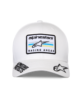 Alpinestars Surpass Hat, White Baseball Cap, curved bill with structured crown, front central patch with 'alpinestars' branding and 'RACING AHEAD' text over blue and yellow stripes, black embroidered logos on the brim, casual motorsport headwear
