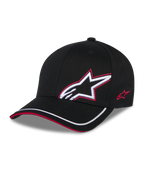 Alpinestars Corp Shift Relay Hat, Black, structured twill baseball cap with curved bill, white 3D Astars logo with red embroidery outline on the front, red logo on the side, white trim on the brim with red sandwich detail, casual motorsport-inspired headwear.