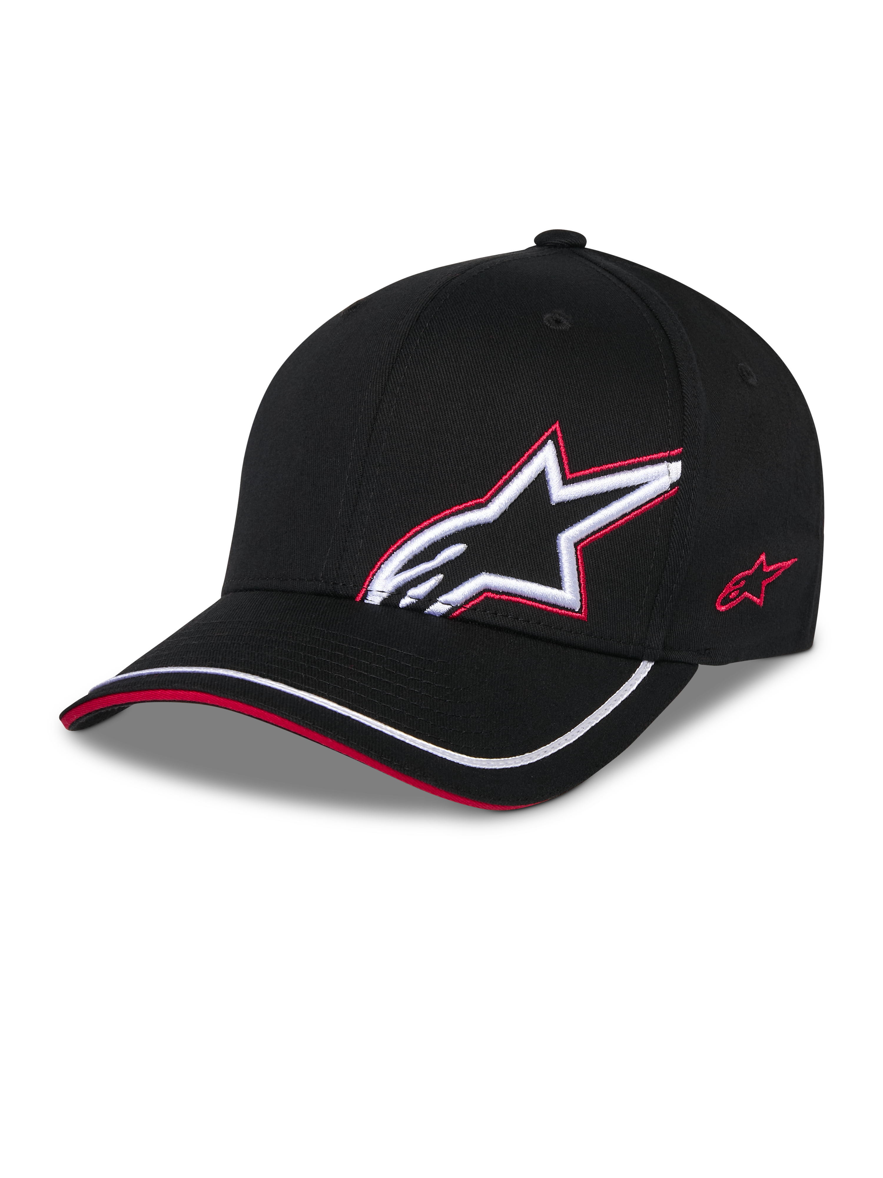 Alpinestars Corp Shift Relay Hat, Black, structured twill baseball cap with curved bill, white 3D Astars logo with red embroidery outline on the front, red logo on the side, white trim on the brim with red sandwich detail, casual motorsport-inspired headwear.