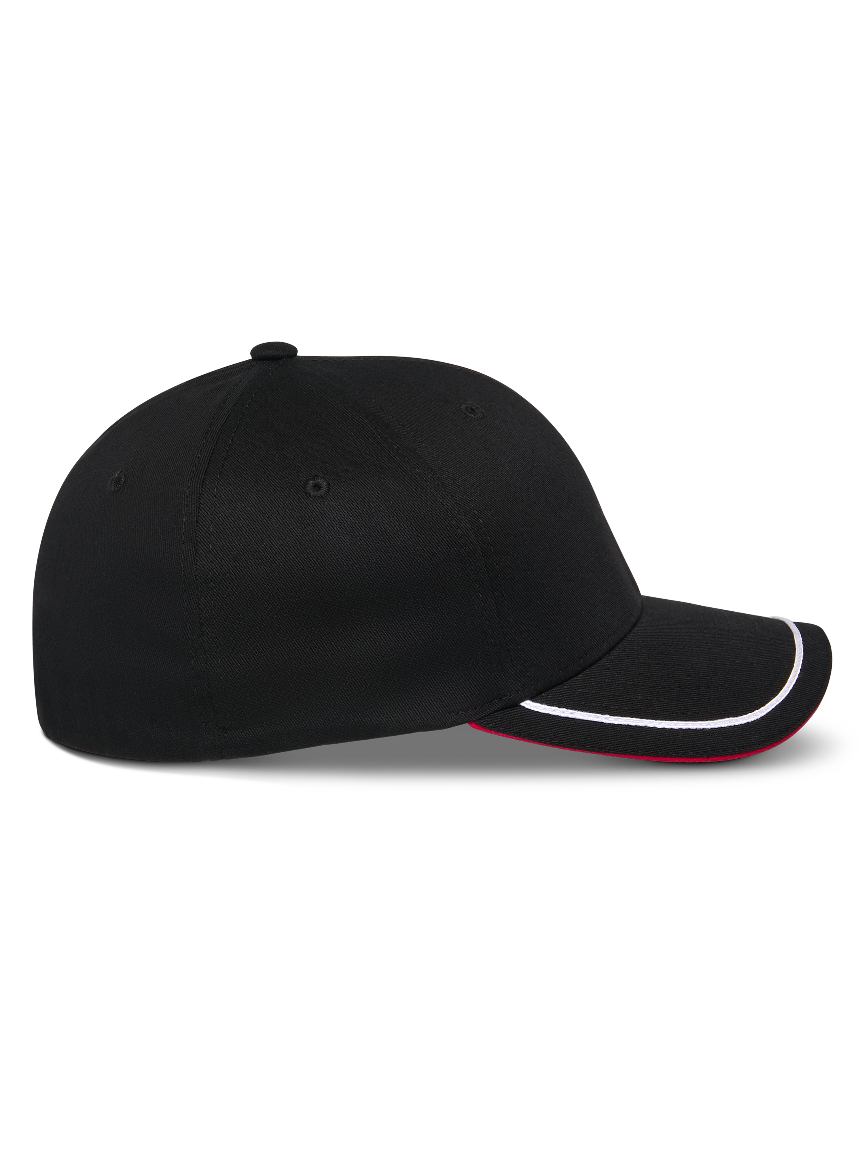 Alpinestars Corp Shift Relay Hat, Black Baseball Cap, side profile, curved bill with white sutache trim and red underside, structured crown, casual motorsport-inspired headwear