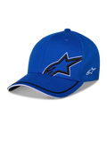 Alpinestars Corp Shift Relay Hat, Blue Structured Baseball Cap, featuring large 3D black Astars star logo with white outline, small white side logo, and curved bill with black and white trim details