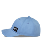 Alpinestars Pivot Hat, Blue, curved bill baseball-style cap, side view showing structured crown and twill fabric, small black Astars logo embroidery patch, casual motorsport-inspired sportswear