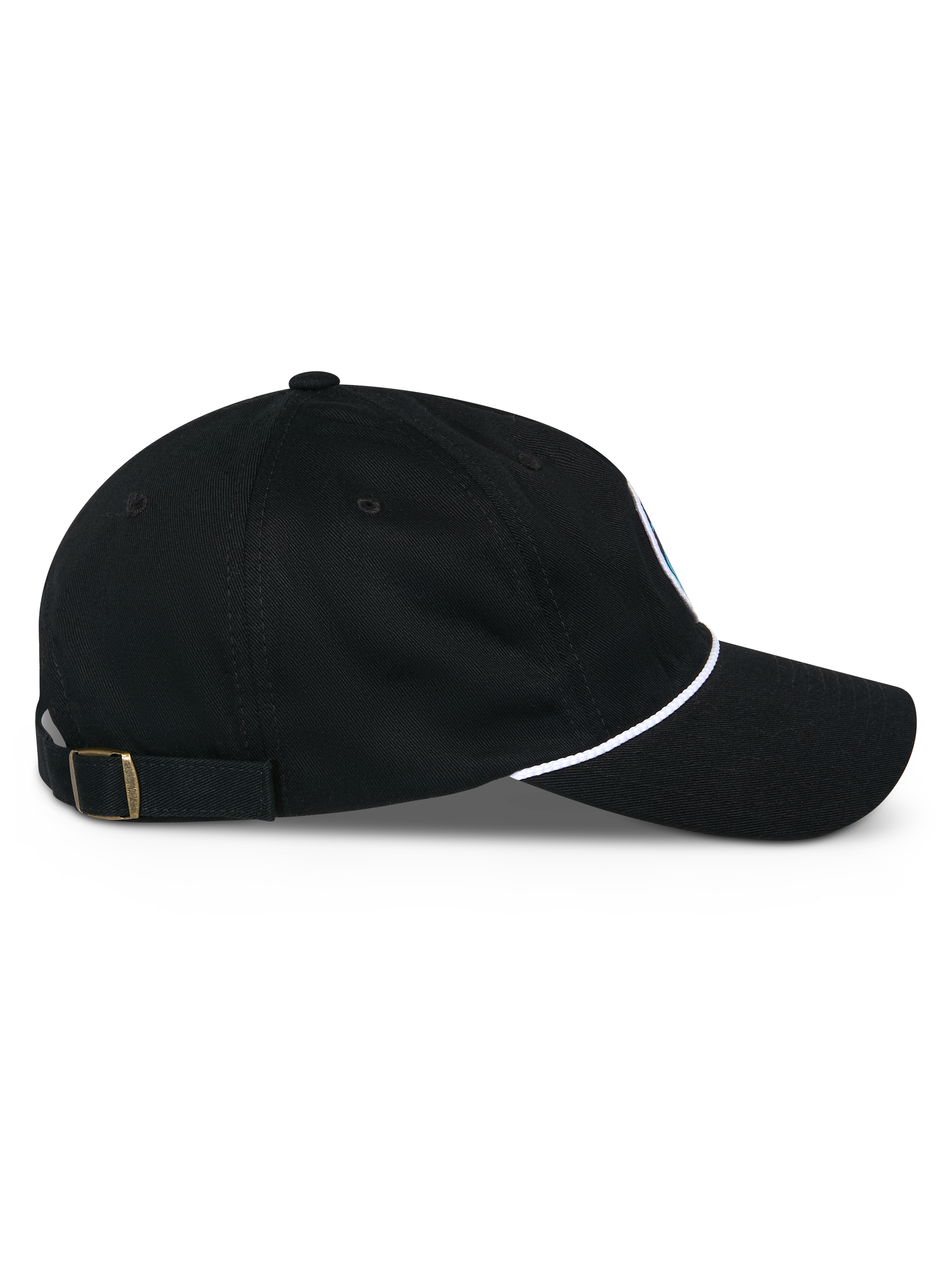 Alpinestars Calipalm Strapback Hat, side profile, black, curved bill with white cord detail, adjustable strapback with brass buckle, 100% cotton twill, casual motorsport-inspired headwear