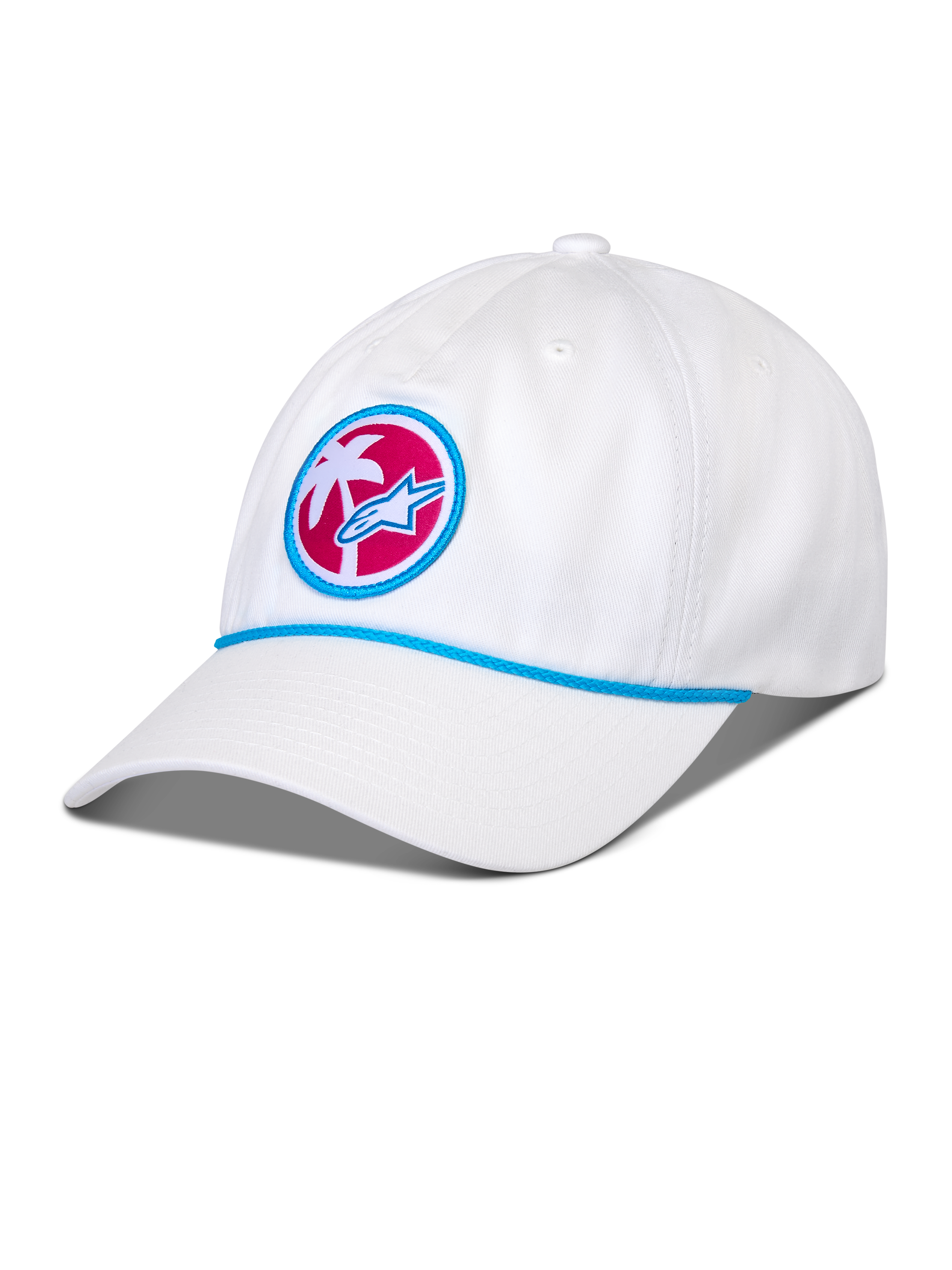 Alpinestars Calipalm Strapback Hat, White, curved bill with blue rope detail, circular front patch featuring a white palm tree and blue Astars logo on a pink background, casual sportswear headwear