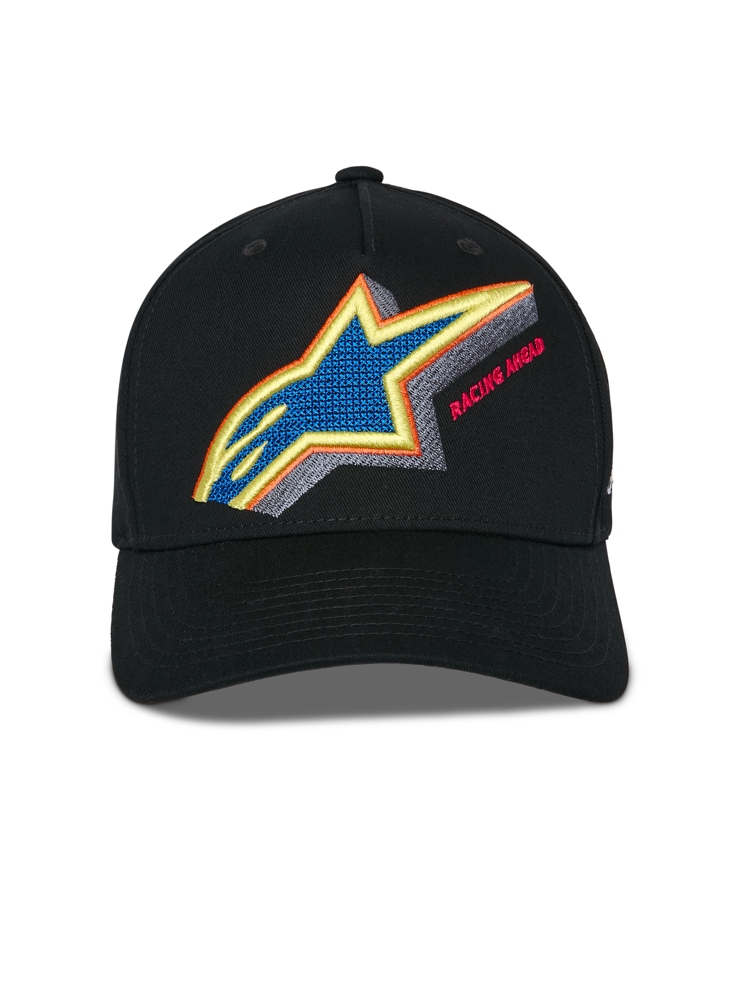 Alpinestars Lucid Snapback Hat, Black, front view showing vibrant multi-color Astars logo embroidery with Racing Ahead text, curved bill and structured crown, casual sportswear headwear