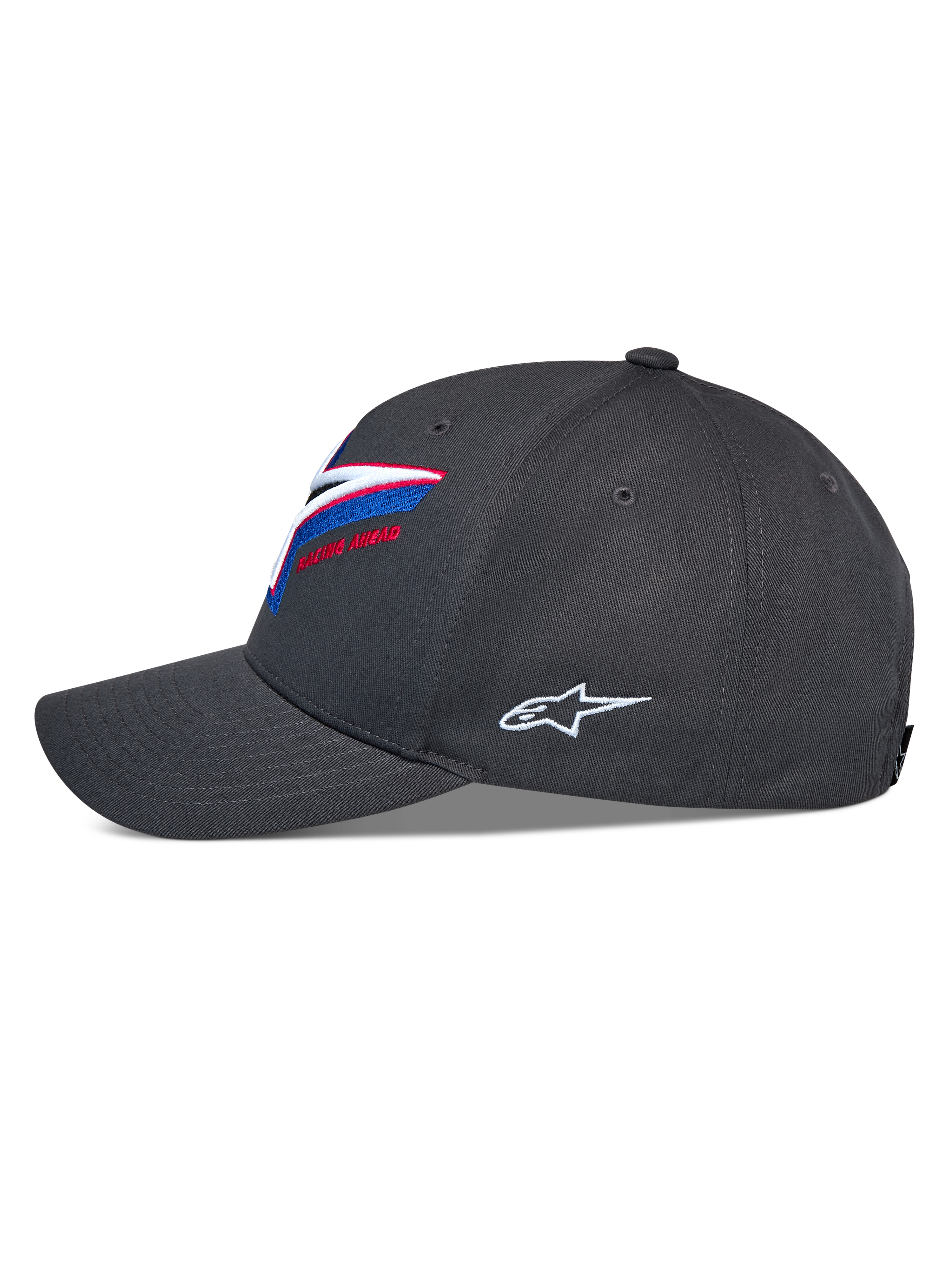 Alpinestars Lucid Snapback Hat, side profile view, charcoal gray, curved bill with structured crown, vibrant multi-color front logo embroidery, white side Astars logo, casual motorsport headwear