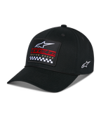Alpinestars Matrix Snapback Hat, Black, curved bill with structured crown, front multi-color embroidery patch with Alpinestars logo, red branding, and checkered pattern, side embroidered logo, casual motorsport headwear