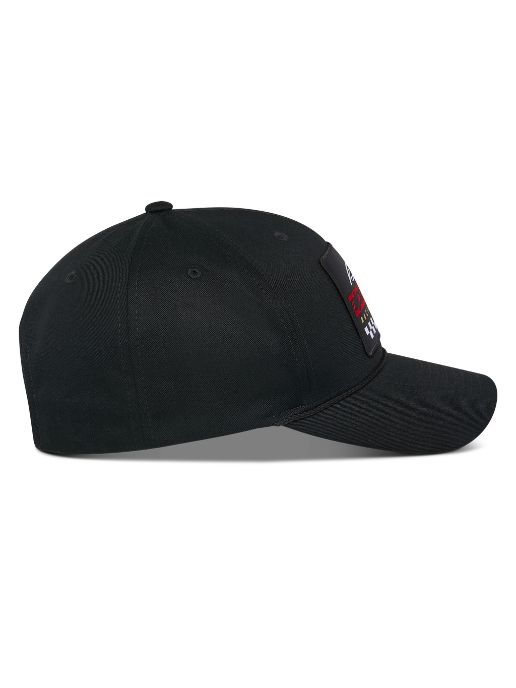 Alpinestars Matrix Snapback Hat, side profile, black cotton twill cap with a curved bill and structured crown, featuring a multicolor embroidered patch on the front, casual motorsport streetwear