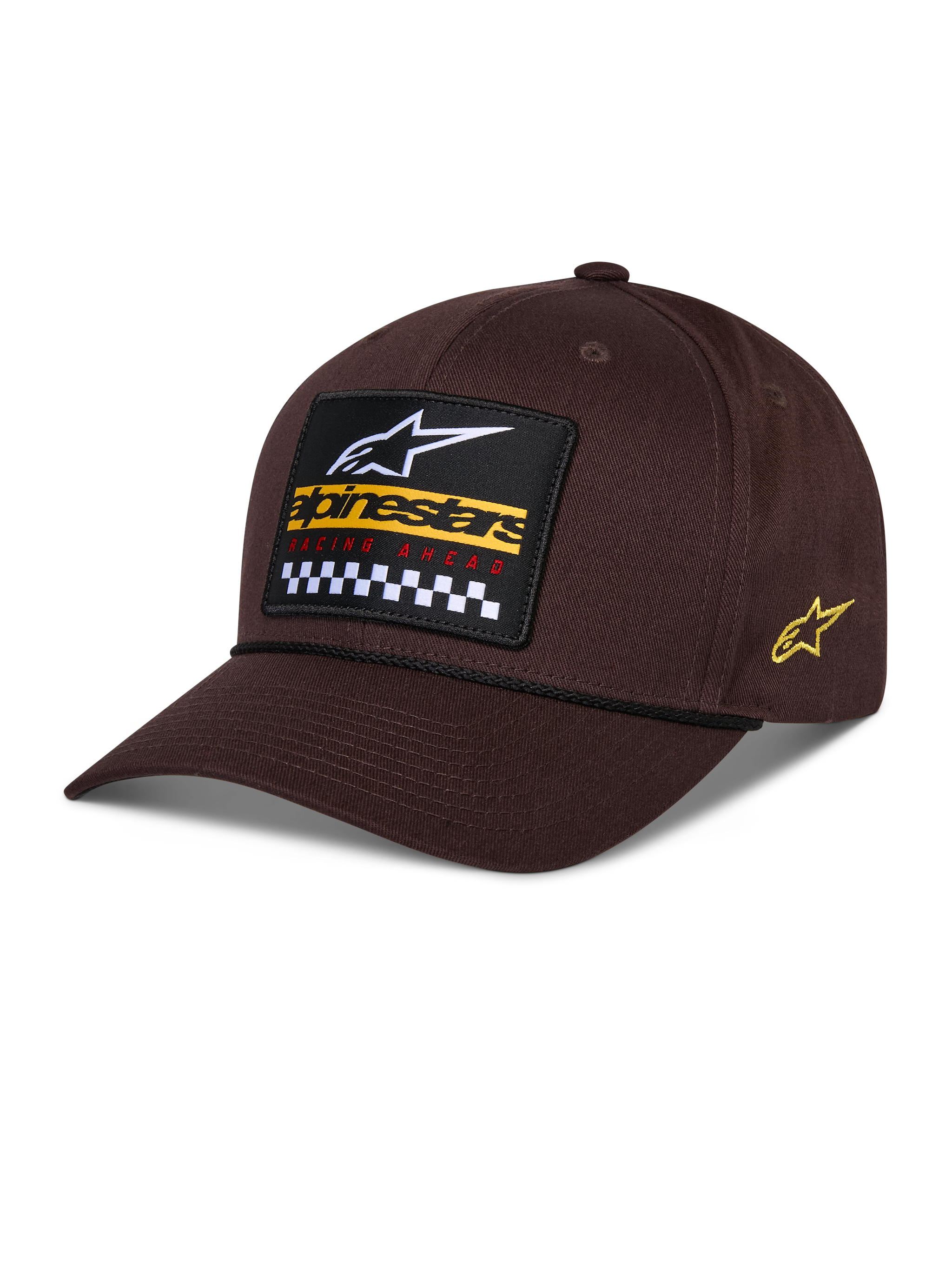 Alpinestars Matrix Snapback Hat, Brown, featuring a front embroidered patch with white logo, yellow branding, and checkered pattern, side Astars logo, curved bill, casual sportswear