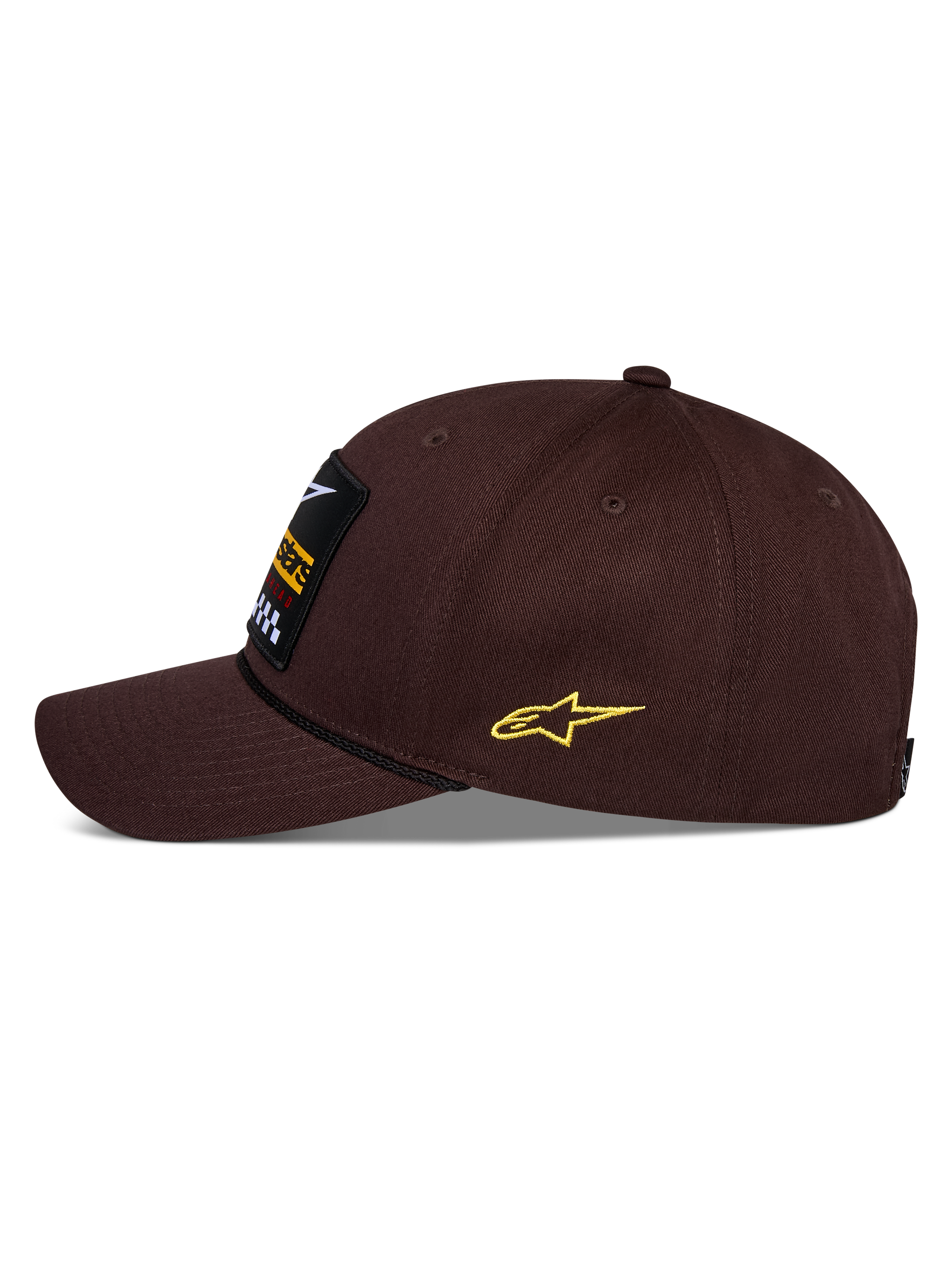 Alpinestars Matrix Snapback Hat, Brown, side view, curved bill with black rope detail, front embroidery patch, yellow side Astars logo, structured cotton twill construction, casual motorsport headwear