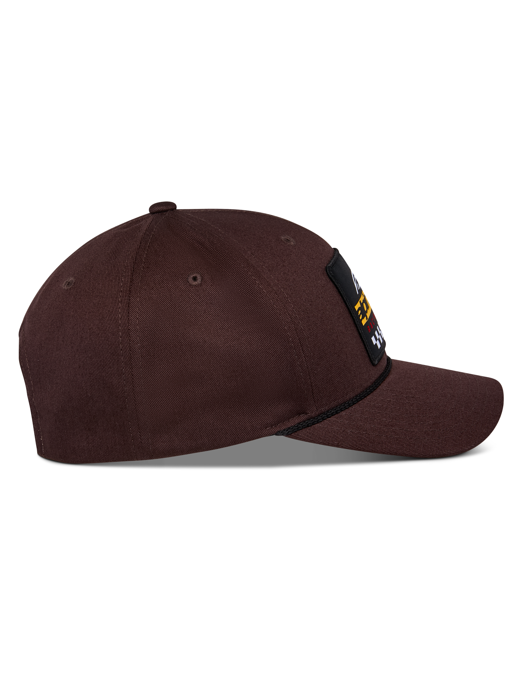 Alpinestars Matrix Snapback Hat, Dark Brown, side view featuring curved bill, structured crown, and front logo patch with rope detail, casual motorsport-inspired headwear