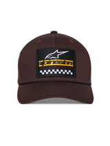 Alpinestars Matrix Snapback Hat, Brown, front view with structured crown and curved bill, multi-color embroidered patch with Alpinestars branding and checkered racing motif, black rope detail, casual motorsport-inspired headwear
